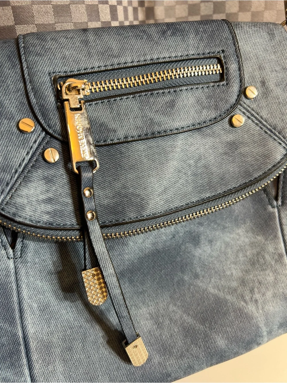 STEVE MADDEN Denim Blue Crossbody Flap Purse Bag Faux Leather Metallic Studs